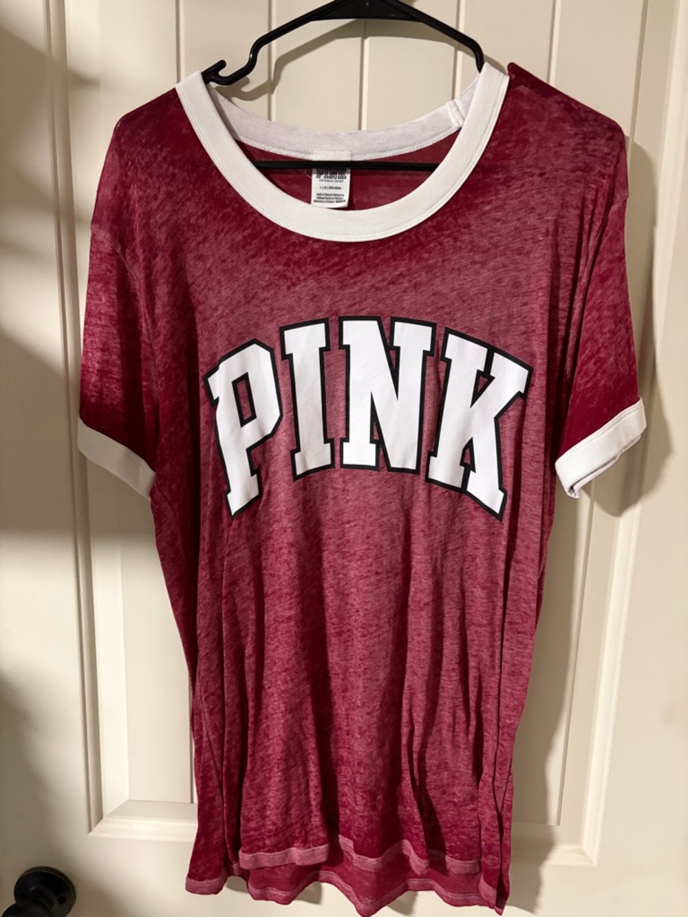 PINK Victoria's Secret Maroon Crew Tee with White Trim